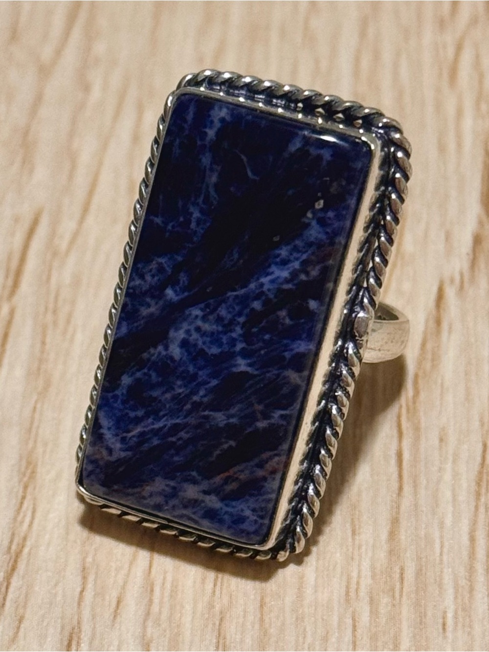 Vintage Sodalite Rectangular Statement Ring 925 Silver